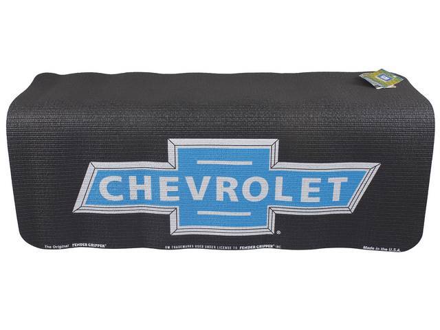 FENDER COVER, Fender Gripper, Black w/ blue *Bowtie* featuring *Chevrolet* inside it in silver lettering, Hand washable 22 inch X 34 inch std size strong PVC product reinforced w/ nylon mesh, non-slip material will not slide off slick surfaces, will not h