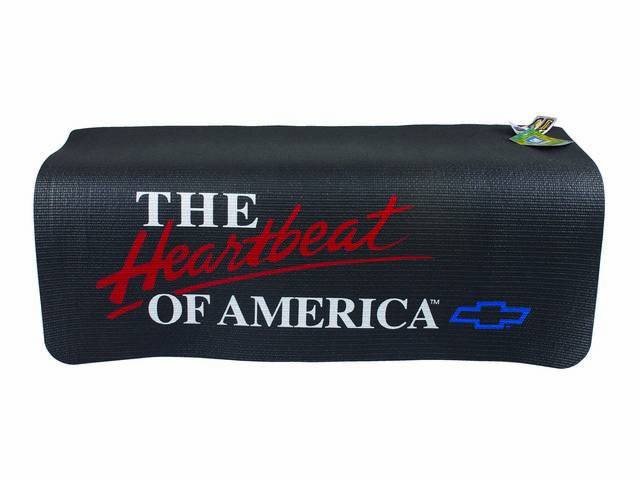 FENDER COVER, Fender Gripper, Black w/ "The Heartbeat Of America" in white lettering and a blue *Bowtie*, Hand washable 22 inch X 34 inch std size strong PVC product reinforced w/ nylon mesh, non-slip material will not slide off slick surfaces, will not h