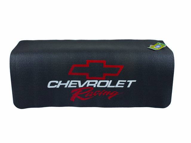 FENDER COVER, Fender Gripper, Black w/ a red *Bowtie*, *Chevrolet* in white block lettering and *Racing* in red script, Hand washable 22 inch X 34 inch std size strong PVC product reinforced w/ nylon mesh, non-slip material will not slide off slick surfac