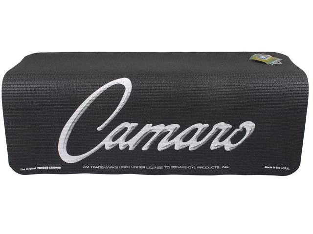 FENDER COVER, Fender Gripper, Black w/ *Camaro* Script in silver lettering (1968-69 Camaro emblem style script), Hand washable 22 inch X 34 inch std size strong PVC product reinforced w/ nylon mesh, non-slip material will not slide off slick surfaces, wil