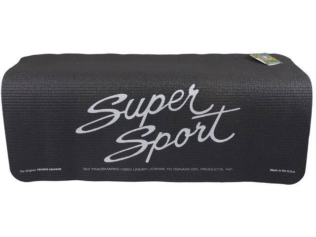 FENDER COVER, Fender Gripper, Black w/ *Super Sport" script in silver lettering (1966-67 Nova emblem style script), Hand washable 22 inch X 34 inch std size strong PVC product reinforced w/ nylon mesh, non-slip material will not slide off slick surfaces, 