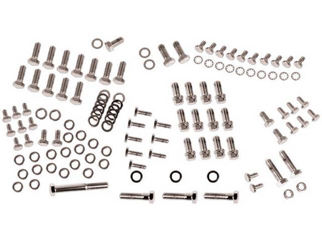 CHROME HARDWARE KIT, Engine, SBC w/ headers and aluminum valve covers, features hex cap chrome plated bolts and chrome plated flat washers, Repro