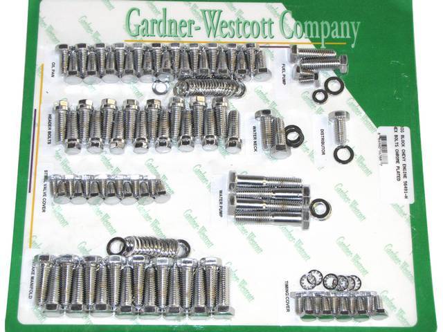 CHROME HARDWARE KIT, Engine, BBC w/ headers and steel valve covers, features hex cap chrome plated bolts and flat washers, Repro