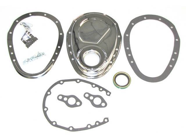 COVER, Crankcase Front End / Timing Chain, chrome finish, incl Cover, Timing Tab, Gasket and Bolts, Repro