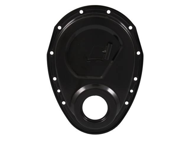 COVER, Crankcase Front End / Timing Chain, Steel, Black Finish, timing tab placed for large dia. balancer, 4-1/4 inches from the top, Repro