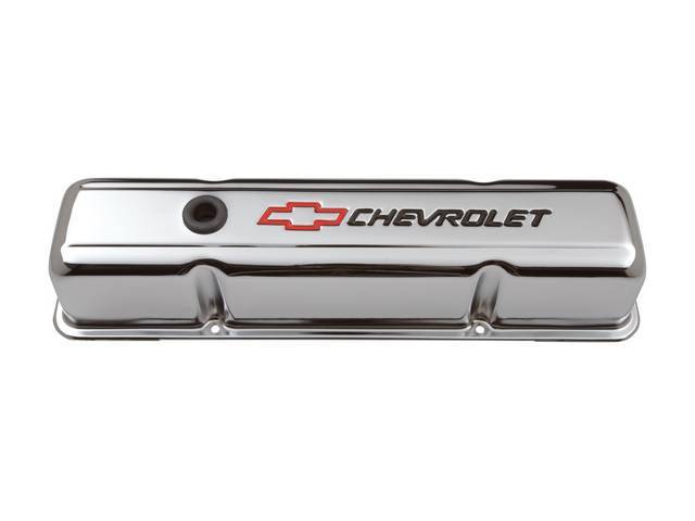 COVER SET, Valve, tall profile (3 5/8 inch height) w/ oil baffles, chrome plated heavy-gauge steel w/ black *Chevrolet* lettering and red *Bowtie* logo, GM Licensed repro