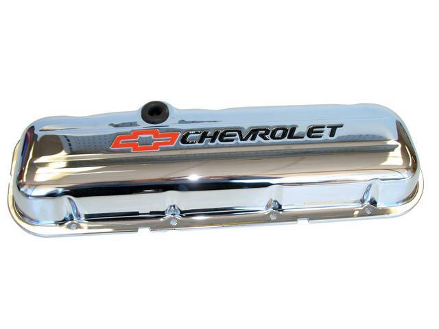COVER SET, Valve, short profile (2 5/8 inch height) w/ oil baffles, chrome plated heavy-gauge steel w/ black *Chevrolet* lettering and red *Bowtie* logo, GM Licensed repro