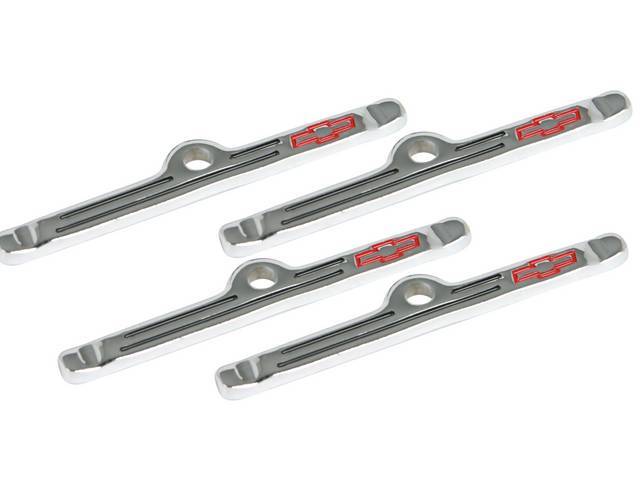 HOLD DOWN / SPREADER BAR, Valve Cover, chrome plated w/ recessed red *Bowtie* logo, GM Licensed repro, (4)