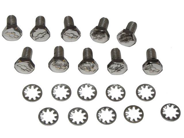 BOLT KIT, Timing Cover, (20) features hex cap polished stainless bolts w/ *Bowtie* (.5 Inch Length, .62 Inch Over All Length W/ Hex Head) and internal lockwashers, Repro