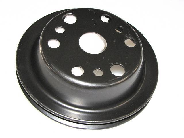 PULLEY, Crankshaft, P/S Add-On, adds P/S capability to non P/S models, black painted steel, 6.75 inch o.d., 1.79 inch depth, GM service replacement  ** new stock is a GM service replacement w/ smooth front face, *GM 19355268* stamped in base of pulley **