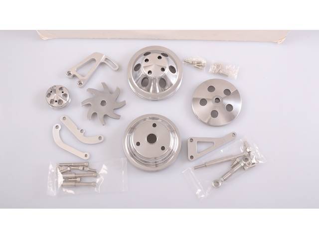 Complete Pulley and Bracket Set, Polished Aluminum Finish, reproduction for (69-85)