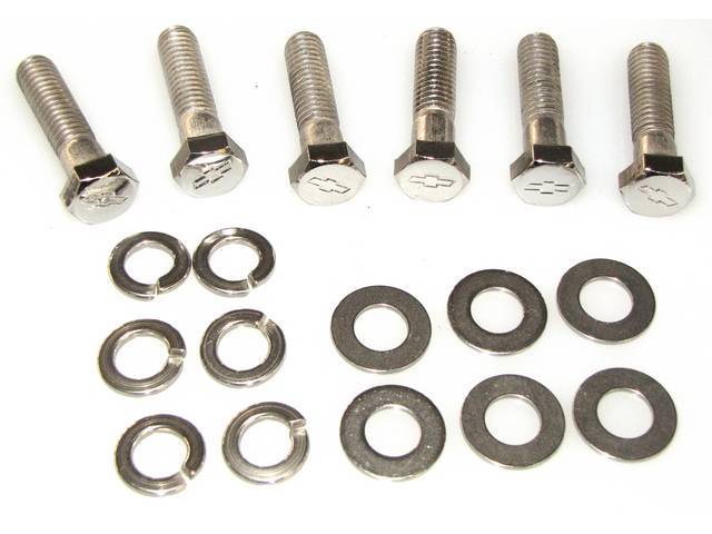 BOLT KIT, Bellhousing, (18) incl hex cap polished stainless bolts w/ *Bowtie* (1.5 Inch Length, 1.68 Inch Over All Length W/ Head), flat and lock washers, Repro