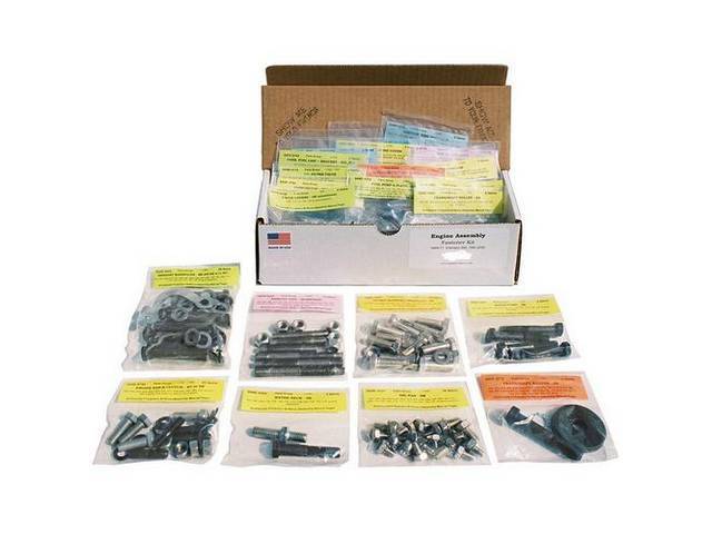 HARDWARE KIT, Engine, correct fasteners to attach engine components to the engine long block in a discounted kit versus purchasing individual smaller kits, (159) incl OE style fasteners w/ correct color and markings