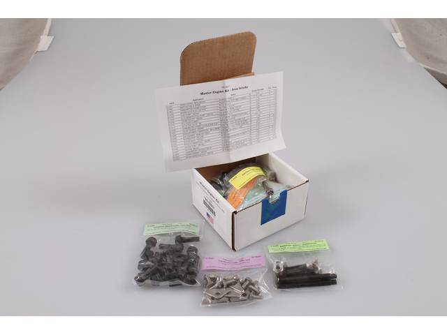 HARDWARE KIT, Engine, correct fasteners to attach engine components to the engine long block in a discounted kit versus purchasing individual smaller kits, (143) incl OE style fasteners w/ correct color and markings