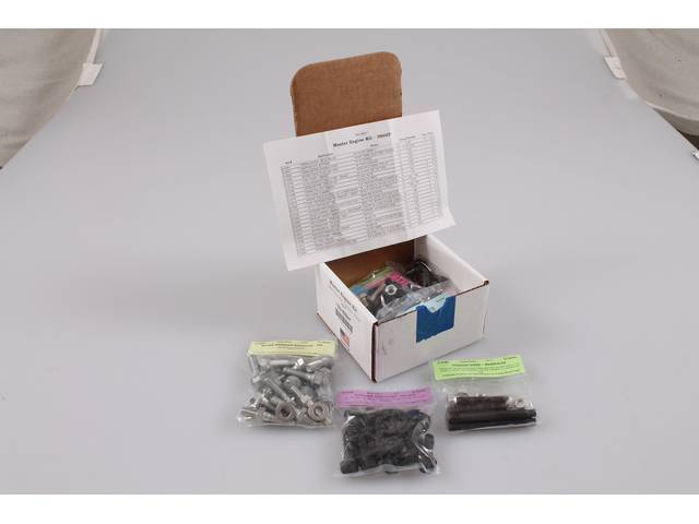 HARDWARE KIT, Engine, correct fasteners to attach engine components to the engine long block in a discounted kit versus purchasing individual smaller kits, (167) incl OE style fasteners w/ correct color and markings