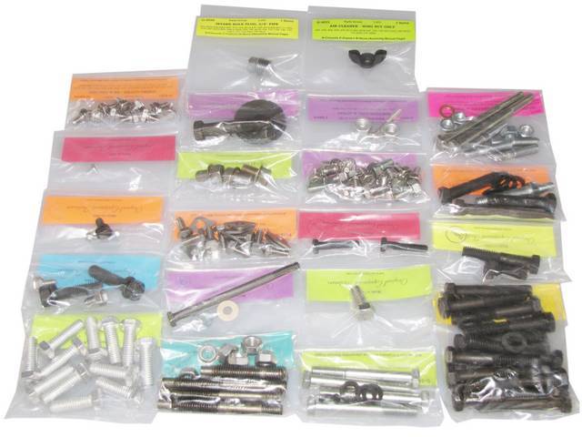 HARDWARE KIT, Engine, correct fasteners to attach engine components to the engine long block in a discounted kit versus purchasing individual smaller kits, (151) incl OE style fasteners w/ correct color and markings