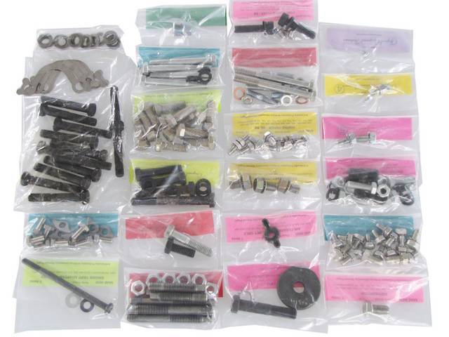HARDWARE KIT, Engine, correct fasteners to attach engine components to the engine long block in a discounted kit versus purchasing individual smaller kits, (169) incl OE style fasteners w/ correct color and markings