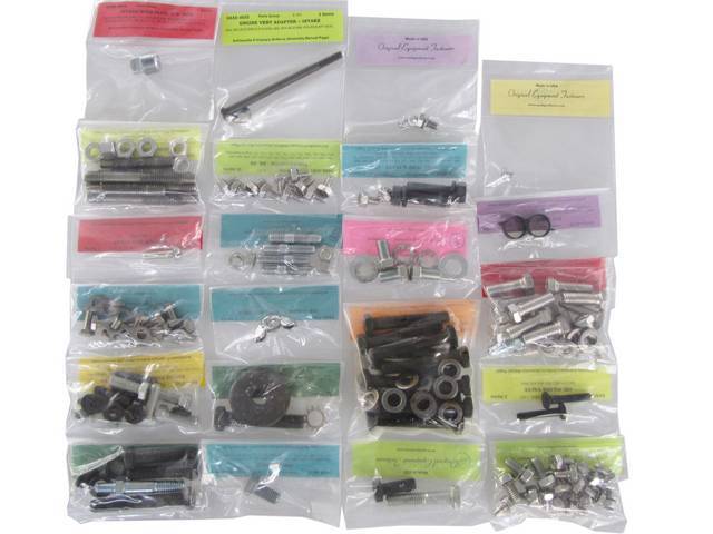 HARDWARE KIT, Engine, correct fasteners to attach engine components to the engine long block in a discounted kit versus purchasing individual smaller kits, (178) incl OE style fasteners w/ correct color and markings
