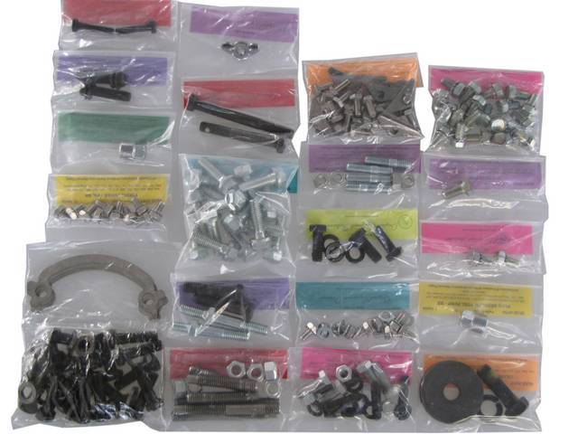 HARDWARE KIT, Engine, correct fasteners to attach engine components to the engine long block in a discounted kit versus purchasing individual smaller kits, (195) incl OE style fasteners w/ correct color and markings