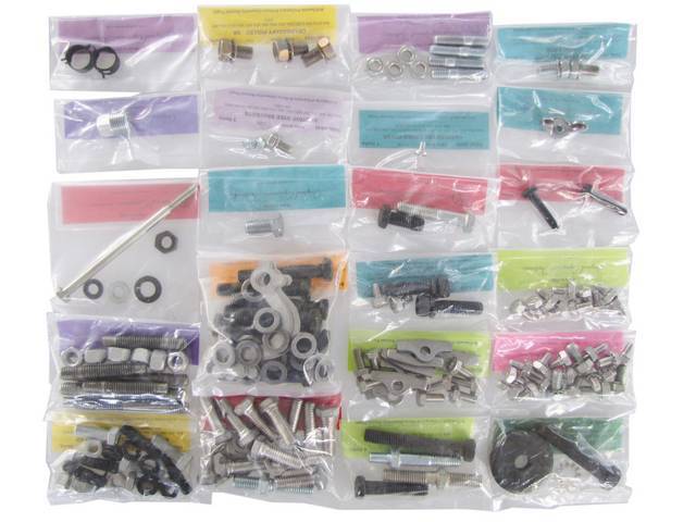 HARDWARE KIT, Engine, correct fasteners to attach engine components to the engine long block in a discounted kit versus purchasing individual smaller kits, (172) incl OE style fasteners w/ correct color and markings
