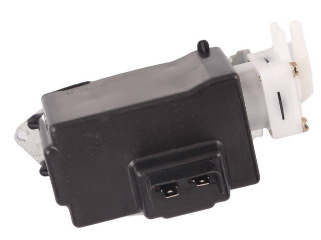 PUMP ASSY, Windshield Washer, correct white head, 3 7/8 inch x 2 1/8 inch x 2 inch, mounts w/ two screws, replaces GM p/n 4912365 or 4919332, repro  ** Wider than original pump; plastic cover may be removed to attach a longer screw in LH / bottom location