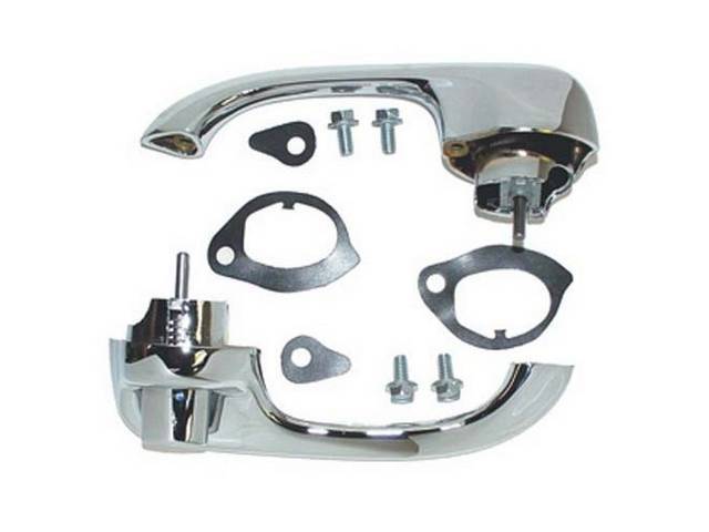 HANDLE ASSY SET, Outside, Rear Door, US-made OE Correct Repro w/ Excellent Chrome Quality, Incl Assembled Handles W/ Stops, Springs, O-Rings And Buttons