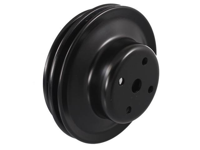 PULLEY, Water Pump, double groove, staggered diameter, 5 1/2 inch and 6 1/4 inch O.D., Black finish, Repro