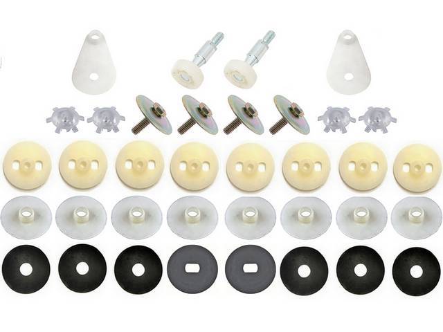Door Glass Mounting Kit, (36) includes rear rollers and mounting hardware, does both doors, reproduction