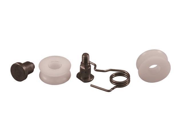 ROLLER KIT, Quarter Window, (5) Incl threaded stud, peenitover stud, rollers and spring, Mounts to the roller assy plate located on the Qtr glass, Repro