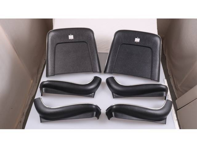 BACK PANEL AND SIDE SHIELD SET, Bucket Seat, black, (6) includes two back panels and four side shields, ABS-Plastic w/ chrome mylar trim, repro
