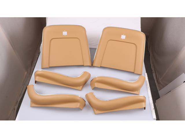 BACK PANEL AND SIDE SHIELD SET, Bucket Seat, saddle, (6) includes two back panels and four side shields, ABS-Plastic w/ chrome mylar trim, repro