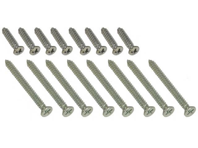 FASTENER KIT, HEAD REST ESCUTCHEONS AND FABRIC RETAINER, (16), CHROME PHILLIPS DRIVE OVAL HEAD AB-TYPE SHEET METAL SCREW W/ POINTED END AND 