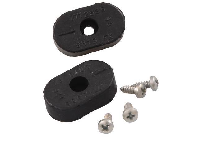 RUBBER BUMPER KIT, Seat Back, (6) Incl 2 oval original GM bumpers w/ metal backing and 4 correct AMK screws (only sold in a 4-pc pack), OE-correct kit