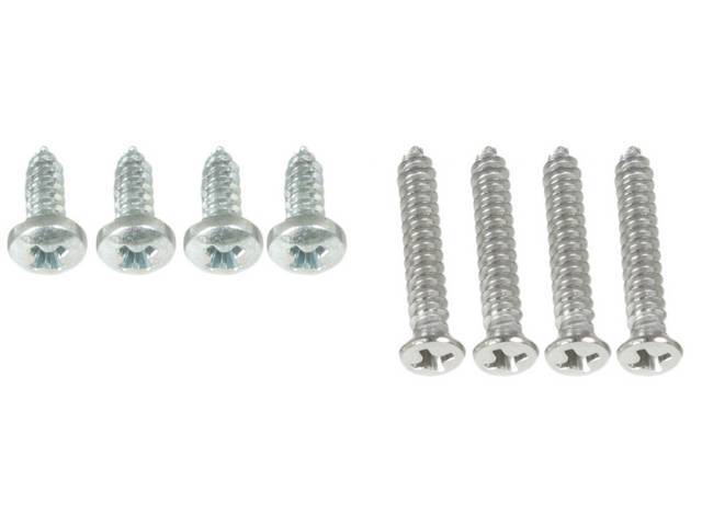 FASTENER KIT, SEAT BACK RELEASE ESCUTCHEONS, (8), CHROME PHILLIPS DRIVE OVAL HEAD AB-TYPE SHEET METAL SCREW W/ POINTED END SCREWS