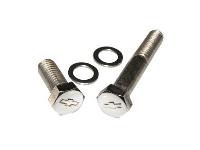 BOLT KIT, Coolant Outlet / Water Neck, (4) hex cap polished stainless bolts w/ *Bowtie* (.98 Inch Length, 1.2 Inch Over All Length) and flat washers, Repro