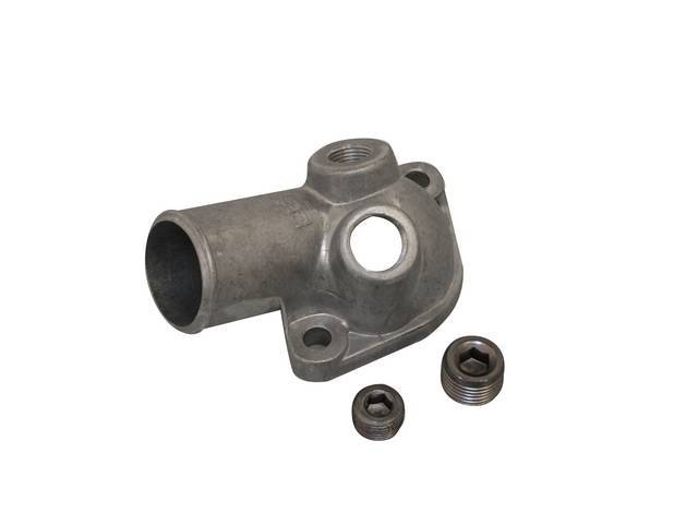 OUTLET, Coolant / Water Neck, gasket style, aluminum, incl gasket, has 2 threaded holes for water temperature unit and hose access, Replacement by Standard