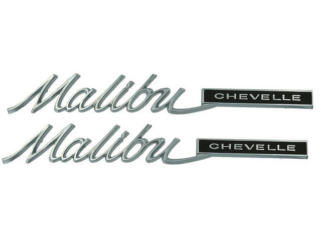 Quarter Panel *Malibu* Emblem Set, features excellent chrome quality, Includes Mounting Hardware, OE Correct US-Made Reproduction for (1965)
