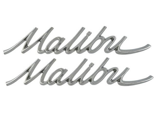 Quarter Panel *Malibu*Emblem Set, features excellent chrome quality, Includes Mounting Hardware, OE Correct US-Made Reproduction for )66-67)