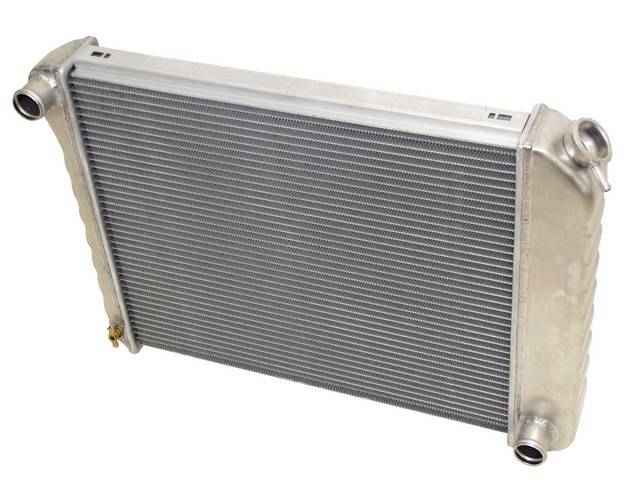 RADIATOR, Cross Flow, 2 Row, an aluminum version of OE style radiator, incl correct side channels and press formed tanks, natural finish repro