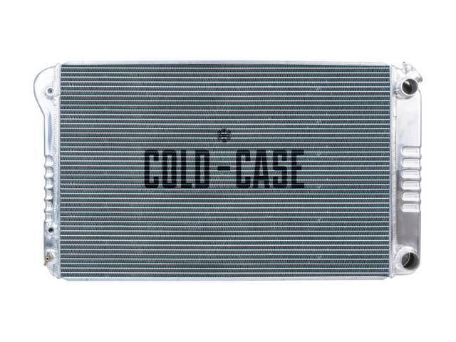 RADIATOR, Cross Flow, Aluminum, 2 row, Cold Case, aluminum version of OE style radiator (can be painted black for OE look), 28.5 inch width x 18.4 inch height x 2.2 inch thick core size, 34.21 inch overall width x 18.82 inch overall height, 1.25 inch RH i