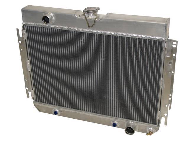 RADIATOR, Aluminum, Champion, 2 Row 24 1/2 Inch core, W/ transmission cooler, Top LH inlet, Bottom RH outlet, Down flow design, Incl filler cap, brackets to mount radiator to support and fan shroud to radiator 