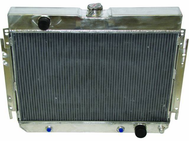 RADIATOR, Aluminum, Champion, 4 Row 24 1/2 inch core, W/ trans cooler, Top LH inlet, Bottom RH outlet, Down flow design, Fully polished tanks, Incl filler cap, brackets to mount radiator to support and fan shroud to radiator 