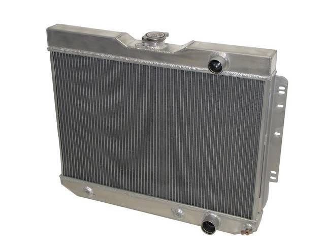 RADIATOR, Aluminum, Champion, 2 Row 24 3/4 inch core, W/ transmission cooler, Top RH inlet, Bottom RH outlet, Down flow design, Incl filler cap and brackets to mount radiator to support 