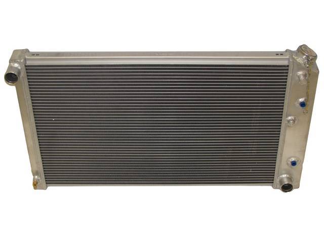 RADIATOR, Cross Flow, Champion, Aluminum, 2 Row, 28 1/4 inch x 16 3/4 core size, 1 1/2 inch LH inlet, 1 9/16 inch RH outlet, Saddle mount, natural finish, Replacement style aluminum radiator (tanks and design is not OE correct), no epoxy used, incl radiat
