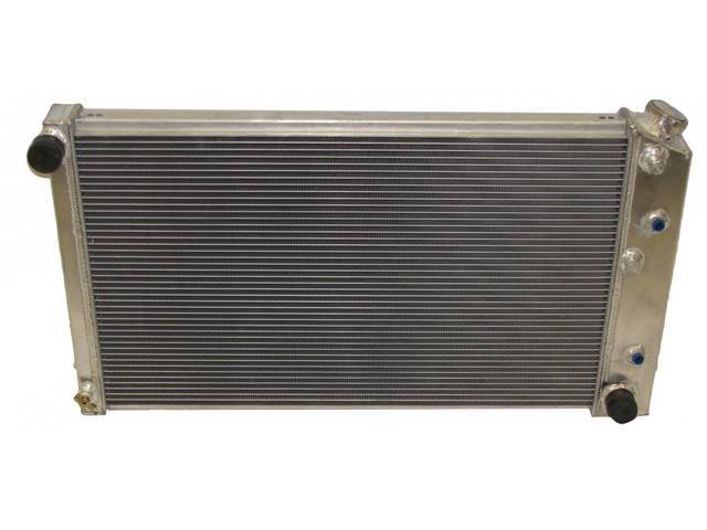 RADIATOR, Cross Flow, Champion, Aluminum, 3 Row, 28 1/4 inch x 16 3/4 core size, 1 1/2 inch LH inlet, 1 9/16 inch RH outlet, Saddle mount, Natural finish, Replacement style aluminum radiator (tanks and design is not OE correct), no epoxy used, incl radiat
