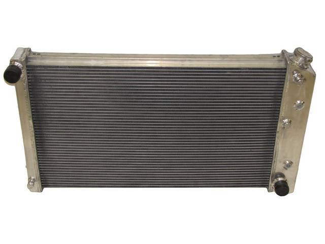RADIATOR, Cross Flow, Champion, Aluminum, 4 Row, 28 1/4 inch x 16 3/4 core size, 1 1/2 inch LH inlet, 1 9/16 inch RH outlet, Saddle mount, Polished finish, Replacement style aluminum radiator (tanks and design is not OE correct), no epoxy used, incl radia