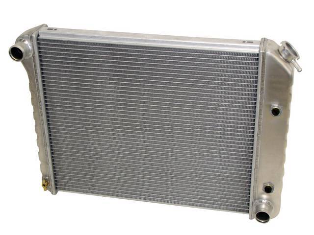 RADIATOR, Cross Flow, 2 Row, aluminum version of OE style radiator, incl correct side channels, press formed tanks, A/T cooler fittings, natural finish repro