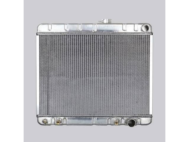 RADIATOR, Down Flow, Aluminum, 2 Row, 25 1/2 inch x 17 1/4 inch x 2 1/4 inch thick core size, 1 1/2 inch RH inlet, 1 3/4 inch RH outlet, natural finish repro
