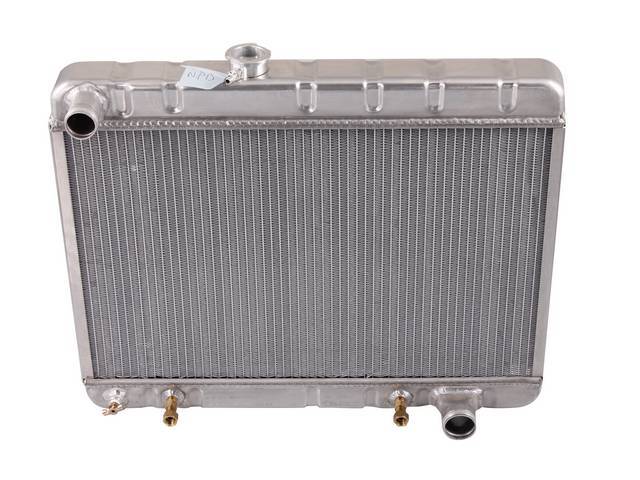 RADIATOR, Down Flow, Aluminum, 2 Row, 25 1/2 inch x 15 1/2 inch x 2 1/4 inch thick core size, 1 1/2 inch LH inlet, 1 3/4 inch RH outlet, natural finish repro