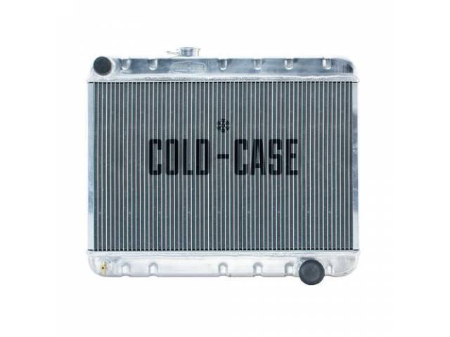 RADIATOR, Down Flow, Aluminum, 2 row, Cold Case, aluminum version of OE style radiator (can be painted black for OE look), 25.25 inch width x 15.5 inch height x 2.2 inch thick core size, 20.125 inch overall height, 1.5 inch LH inlet, 1.8125 inch RH outlet
